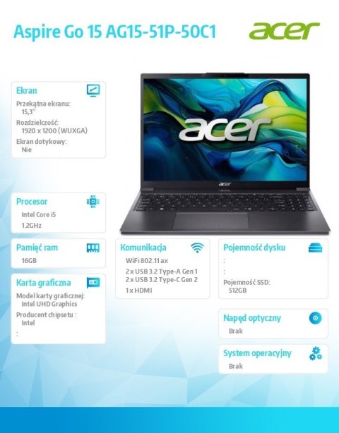 Acer Laptop Aspire Go AG15-42P-R1JP R5 5625U 15,6 FHD 16GB 512GBNoOS Srebrny