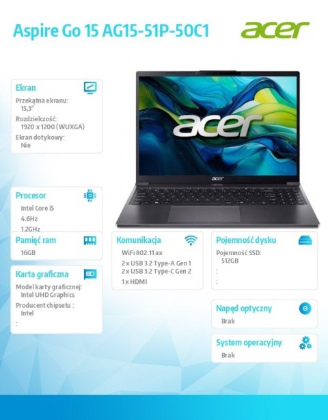 Acer Laptop Aspire Go AG15-42P-R1JP R5 5625U 15,6 FHD 16GB 512GBNoOS Srebrny