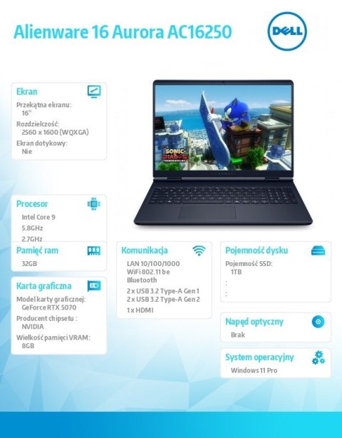 Dell Laptop Alienware 16 Aurora AC16250 Win11 Pro C9 270H/32GB/1TB/16.0 WQXGA/GeForce RTX 5070/WLAN + BT/Backlit Kb/6 Cell/3Y Basic O