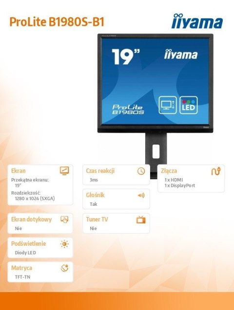 IIYAMA Monitor 19 cali B1980S-B1 HDMI, DP, PIVOT, HAS/150mm