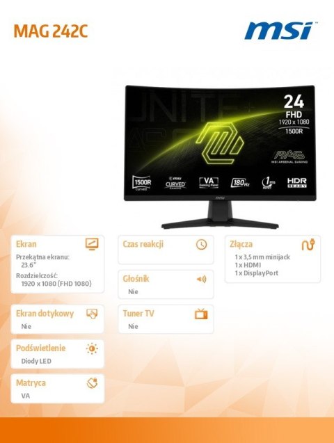 MSI Monitor MAG 242C 23.6 cala/LED/FHD/Curved/180Hz/czarny