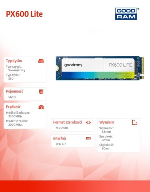 GOODRAM Dysk SSD PX600 Lite 512GB Gen4x4 NVMe 2280 3400/2000MB/s