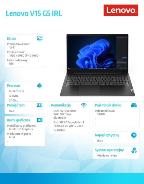 Lenovo Laptop V15 G5 83GW009BPB W11Pro i5-13420H/8GB/512GB/INT/15.6 FHD/Business Black/3YRS OS