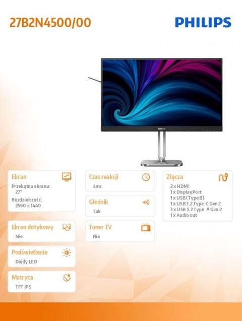 Philips Monitor 27B2N4500 27 cali IPS 120Hz HDMIx2 DP Pivot Głośniki
