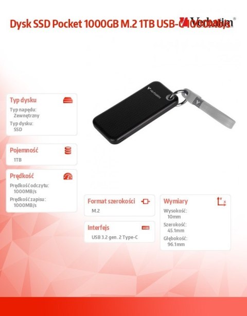 Verbatim Dysk SSD Pocket 1000GB M.2 1TB USB-C 1000Mb/s