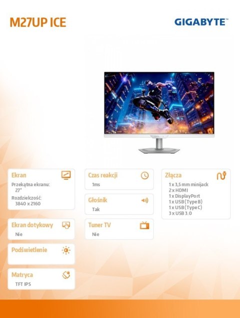 Gigabyte Monitor 27 cali M27UP ICE GMG 4K FHD 160/320Hz DP HDMI