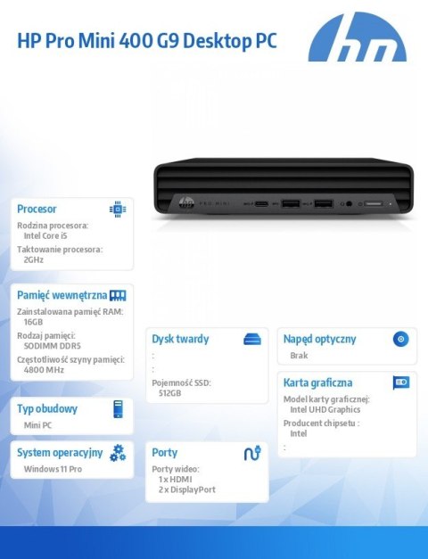 HP Inc. Komputer Pro Mini 400 G9 i5-12500T 512GB/16GB/W11P BY7F0ET