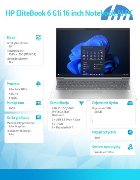 HP Inc. Laptop EliteBook 6 G1i U5-225U 512GB/16GB/W11P/16 cali C51FTET