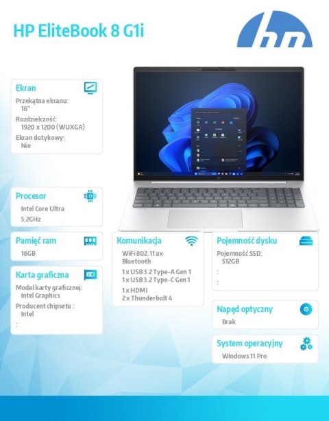 HP Inc. Notebook EliteBook 8 G1i U7-255U 512GB/16GB/W11P/16cali C51LLET