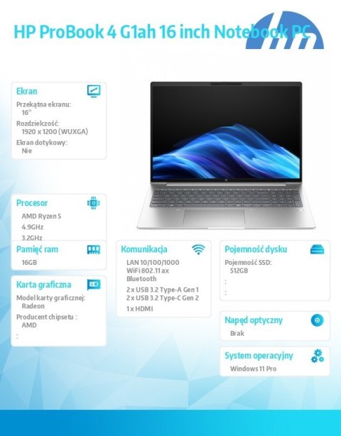 HP Inc. Laptop ProBook 4 G1ah R5-220 512GB/16GB/W11P/16.0 C51HKET