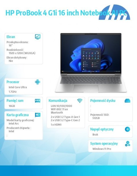 HP Inc. Laptop ProBook 4 G1i U5-225H 512GB/16GB/W11P/16.0 C51LWET