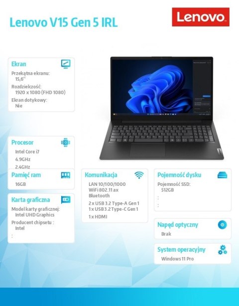 Lenovo Laptop V15 G5 83GW009DPB W11Pro i7-13620H/16GB/512GB/INT/15.6 FHD/Business Black/3YR OS