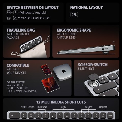 AXAGON Klawiatura HMC-KB-CRL USB-C 5Gbps z wieloportowy hub 9in1, SD/microSD, 3x USB-A, HDMI 4K/60Hz, PD 100W, Audio, Cyrillic layout, 