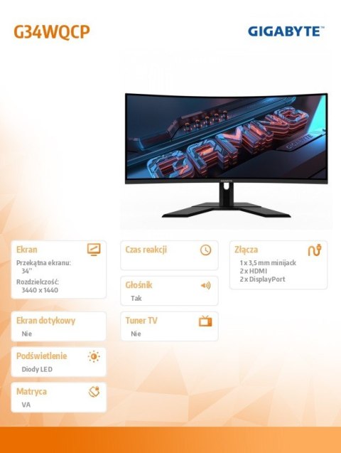 Gigabyte Monitor 34 cale G34WQCP UWQHD VA 1MS 180Hz HDMI