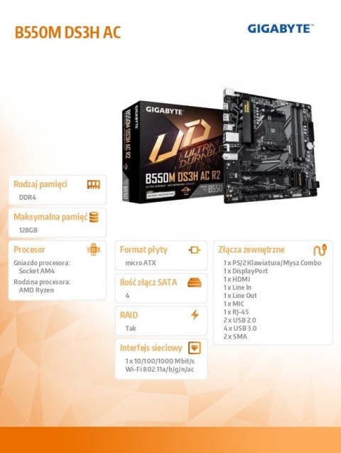 Gigabyte Płyta główna B550M DS3H AC R2 AM4 4DDR4 HDMI/DVI mATX