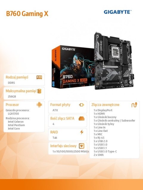Gigabyte Płyta główna B760 GAMING X GEN5 s170 0 4DDR5 DP/HDMI ATX