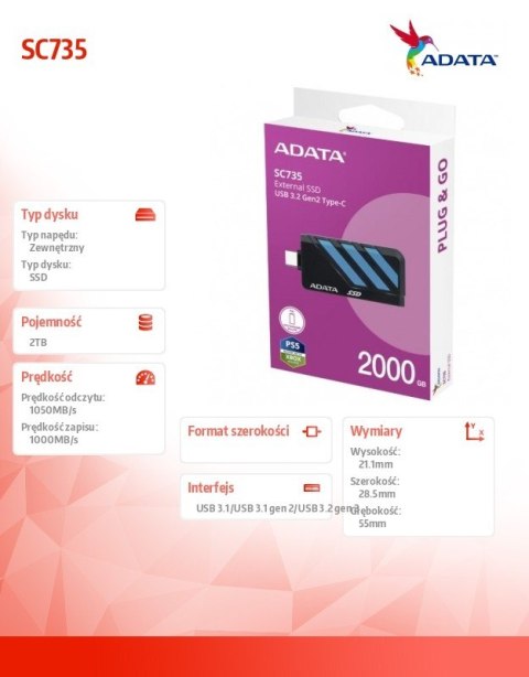 Adata Dysk SSD External SC735 2TB U3.2C 1000/1000MB/s Blue