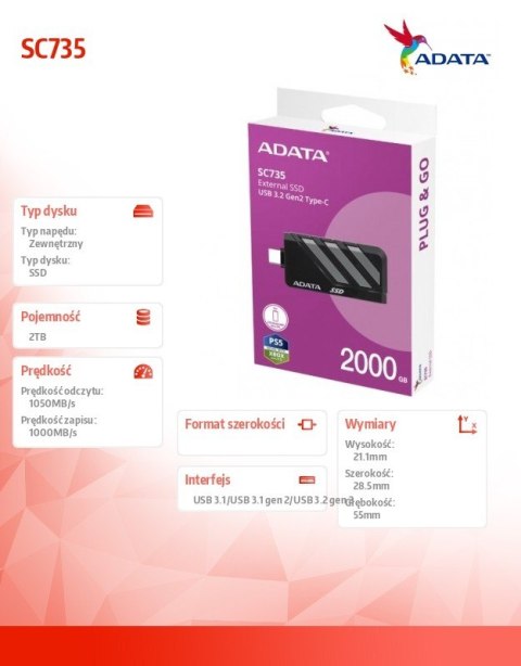 Adata Dysk SSD External SC735 2TB U3.2C 1000/1000MB/s Grey