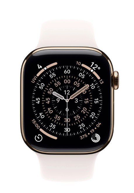 Apple Watch Series 11 GPS + Cellular koperta 46 mm z tytanu w kolorze złotym, pasek sportowy w kolorze łagodnego różu - rozmiar M/L
