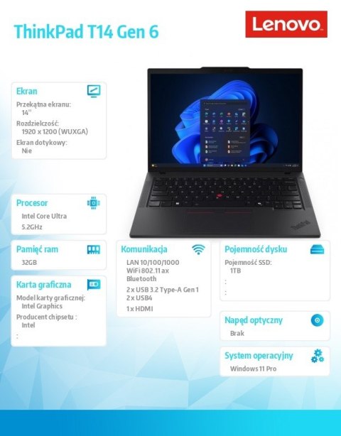 Lenovo Ultrabook ThinkPad T14 G6 21QC005PPB W11Pro Ultra 7 255U/32GB/1TB/INT/14.0 WUXGA/Black/3YR Premier Support + CO2 Offset