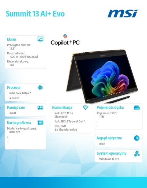 MSI Notebook Summit 13 AI+ Evo A2VMTG-008PL Windows11PRO/CUltra7/32GB/1TB/IntArc/13.3cala