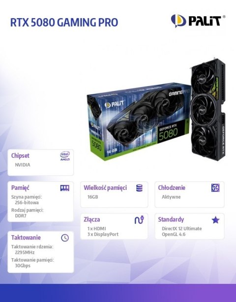 Palit Karta graficzna RTX 5080 GAMING PRO 16GB GDDR7 256bit 3DP/HDMI