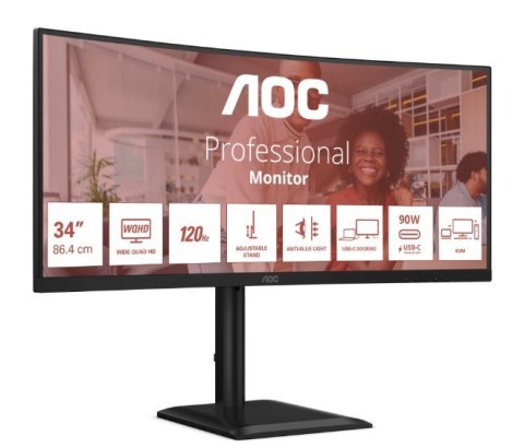 AOC Monitor CU34E4CV 34 cale 120Hz Curved VA HDMIx2 DP RJ45 HAS Głośniki