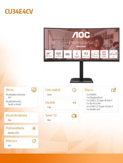 AOC Monitor CU34E4CV 34 cale 120Hz Curved VA HDMIx2 DP RJ45 HAS Głośniki