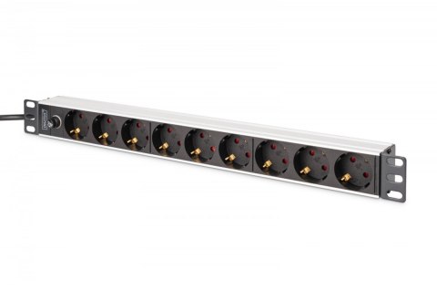Digitus Listwa zasilająca PDU Rack 19" z bezpiecznikiem przeciążeniowym, 9 gniazd Schuko CEE 7/3 (45°), kabel 2m wtyk IEC C14, 10A, alum