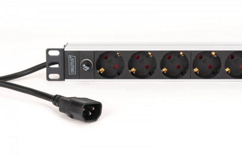Digitus Listwa zasilająca PDU Rack 19" z bezpiecznikiem przeciążeniowym, 9 gniazd Schuko CEE 7/3 (45°), kabel 2m wtyk IEC C14, 10A, alum