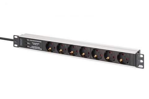 Digitus Listwa zasilająca PDU Rack 19" z zabezpieczeniem przeciwprzepięciowym + filtr EMI/RFI, 7 gniazd Schuko CEE 7/3, kabel 2m, wtyk U