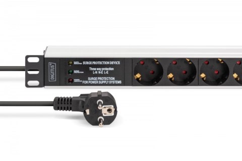 Digitus Listwa zasilająca PDU Rack 19" z zabezpieczeniem przeciwprzepięciowym + filtr EMI/RFI, 7 gniazd Schuko CEE 7/3, kabel 2m, wtyk U
