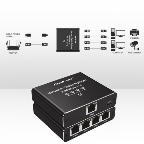 Qoltec Rozdzielacz splitter Ethernet mini SWITCH 1x4 RJ45 | 1000Mb/s | USB-C | Aluminium