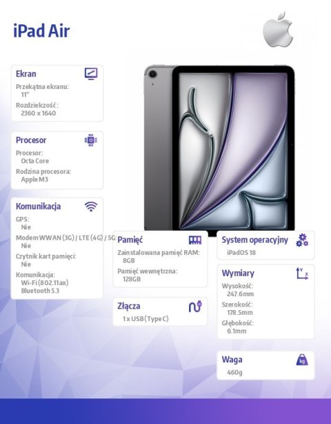 Apple IPad Air 11 cali WiFi 128GB Szary