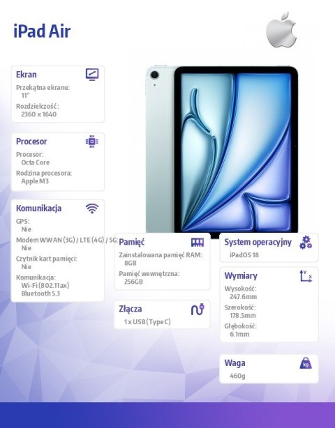Apple IPad Air 11 cali WiFi 256GB Niebieski