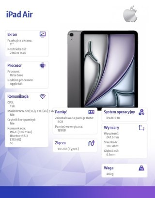 Apple IPad Air 11 cali WiFi + Cellular 128GB Szary