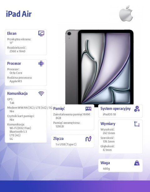 Apple IPad Air 11 cali WiFi + Cellular 128GB Szary