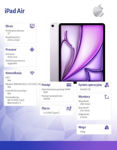 Apple IPad Air 13 cali WiFi 256GB Fioletowy