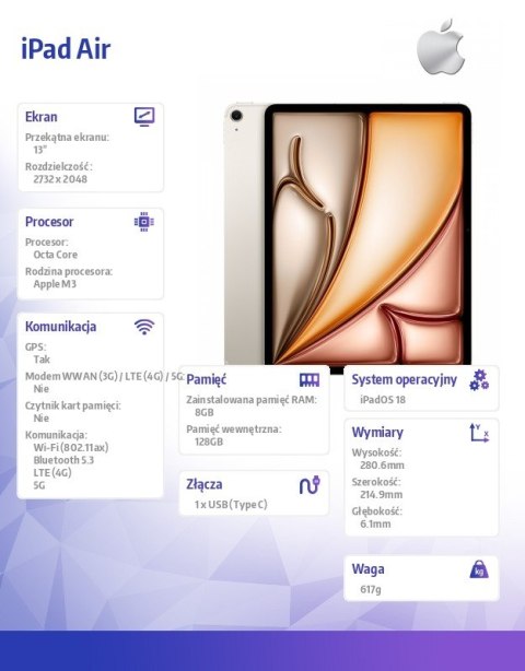 Apple IPad Air 13 cali WiFi + Cellular 128GB Złoty