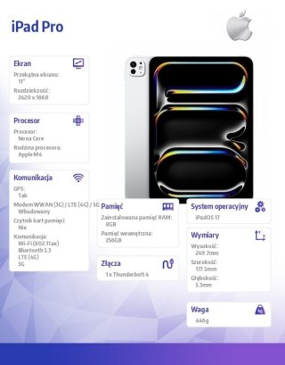 Apple IPad Pro 11 cali Wi-Fi + Cellular 256GB - Srebrny