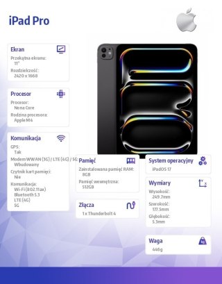 Apple IPad Pro 11 cali Wi-Fi + Cellular 512GB - Gwiezdna czerń
