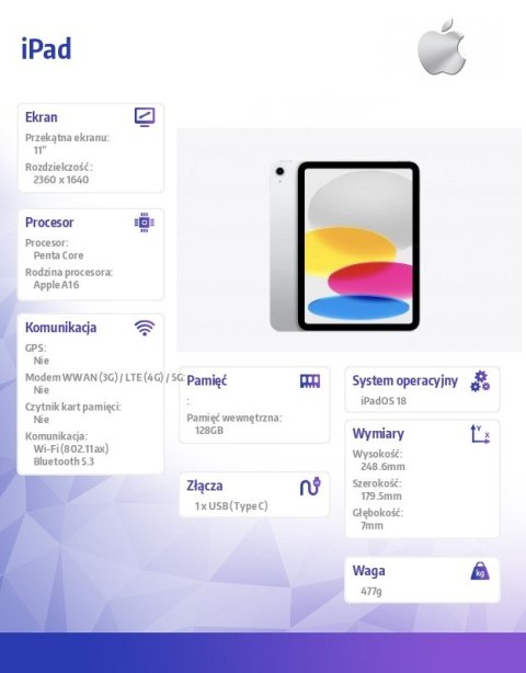 Apple IPad WiFi 11 cali 128GB Srebrny