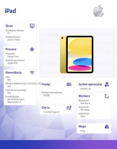 Apple IPad WiFi 11 cali 512GB Żółty