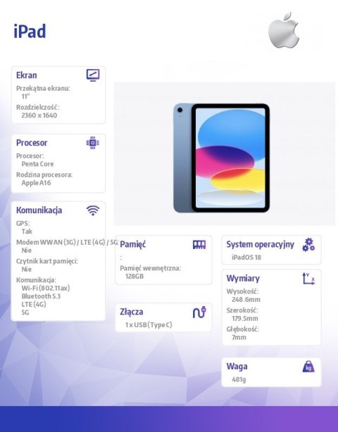 Apple IPad WiFi + Cellular 11 cali 128 GB Niebieski