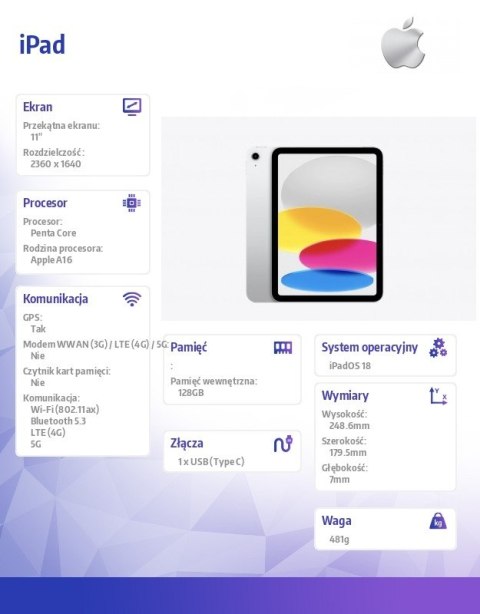 Apple IPad WiFi + Cellular 11 cali 128GB Srebrny