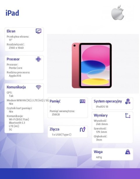 Apple IPad WiFi + Cellular 11 cali 256 GB Różowy