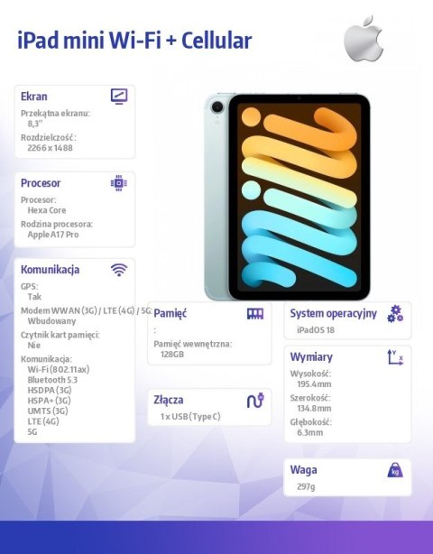Apple IPad mini Wi-Fi + Cellular 128GB Niebieski