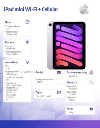 Apple IPad mini Wi-Fi + Cellular 512GB Fioletowy