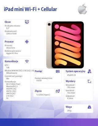 Apple IPad mini Wi-Fi + Cellular 512GB Księżycowa poświata