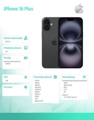 Apple IPhone 16 Plus 128GB - Czarny